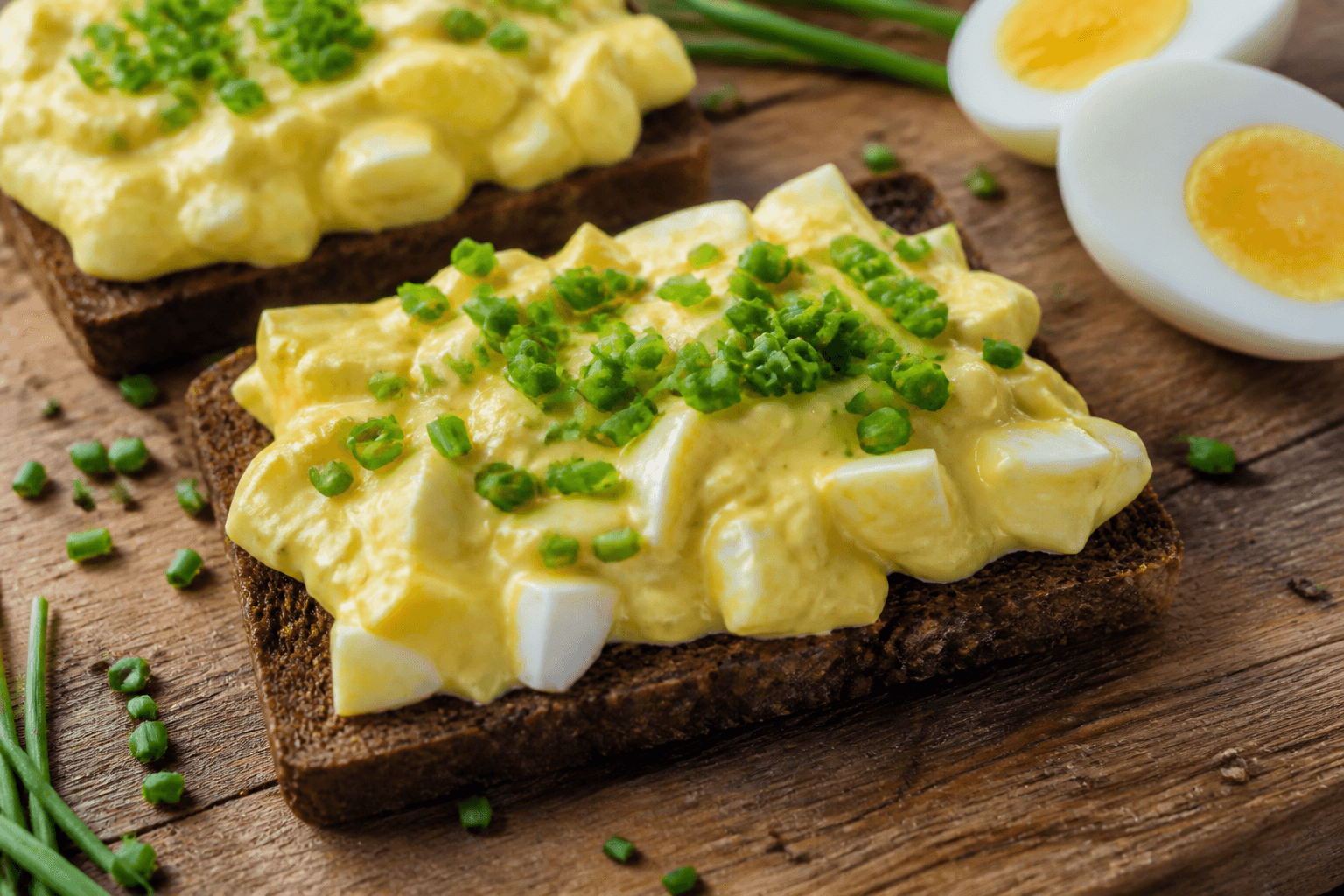 Klassisk æggesalat med karry og purløg på rugbrød