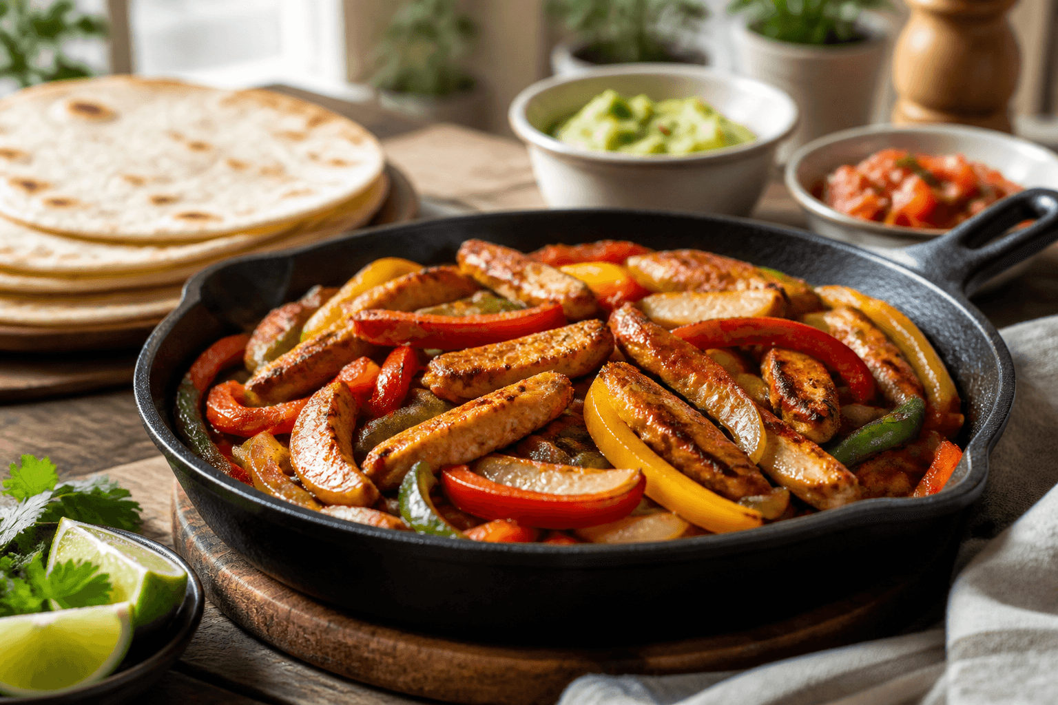 Kyllingefajitas med peberfrugt og løg på pande
