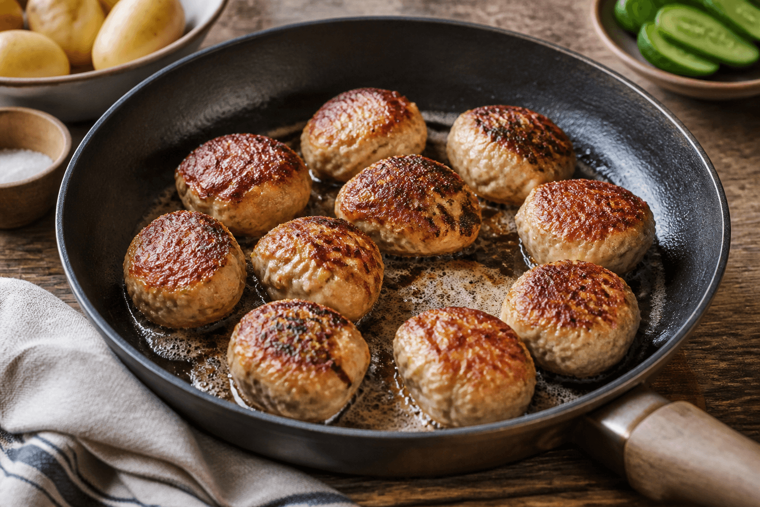 Pandestegte kyllingefrikadeller med gylden skorpe