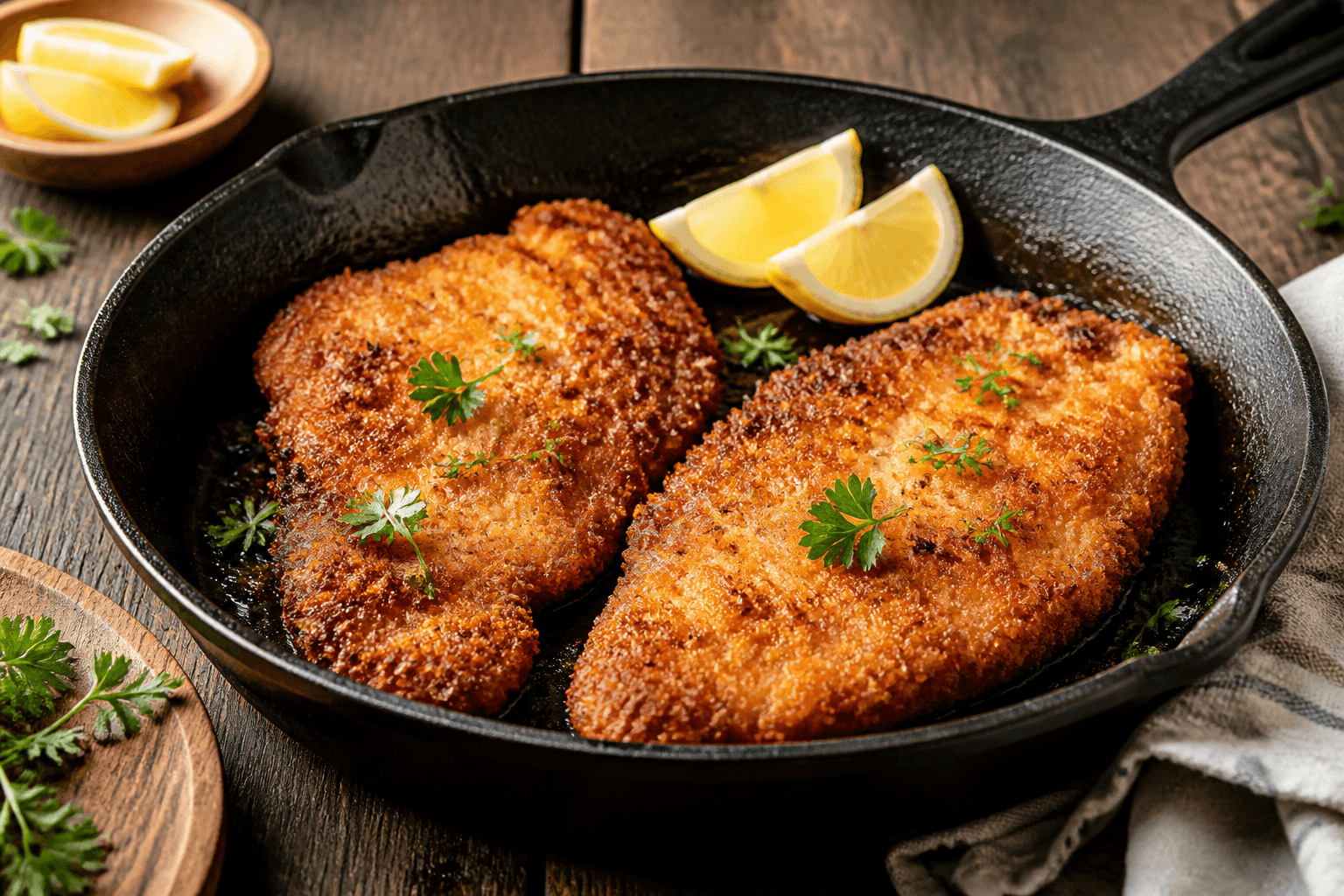 Paneret kyllingeschnitzel pandestegt med sprød skorpe