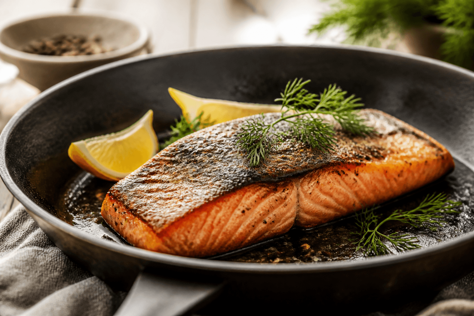 Pandestegt laksefilet med sprødt skind og citron
