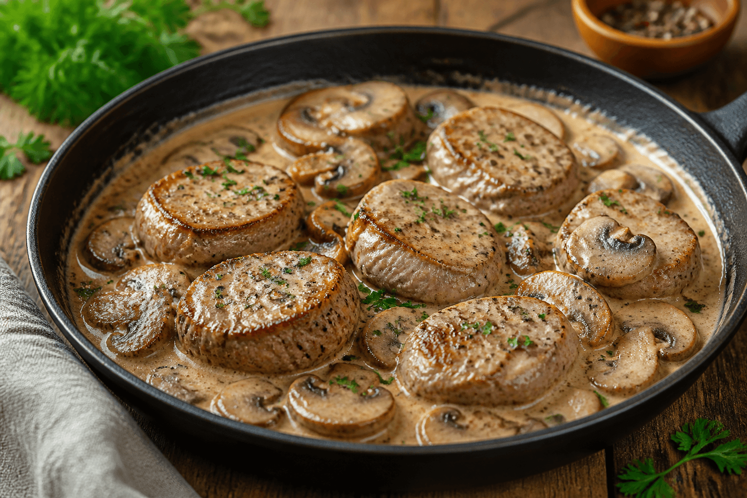 Mørbradbøffer i cremet flødesovs med champignon på pande
