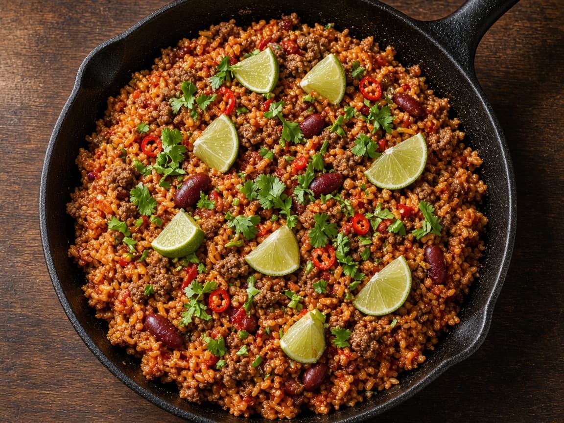 Krydret hakket oksekød med ris og chili i jernpande