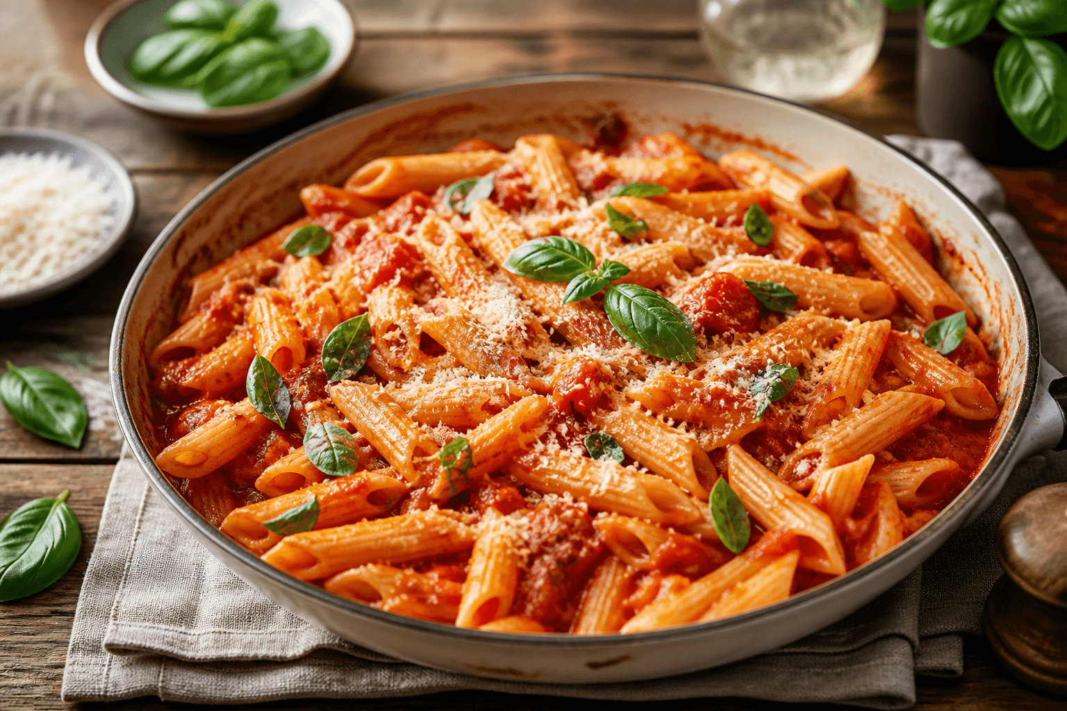 One pot pasta på pande med tomat, basilikum og parmesan