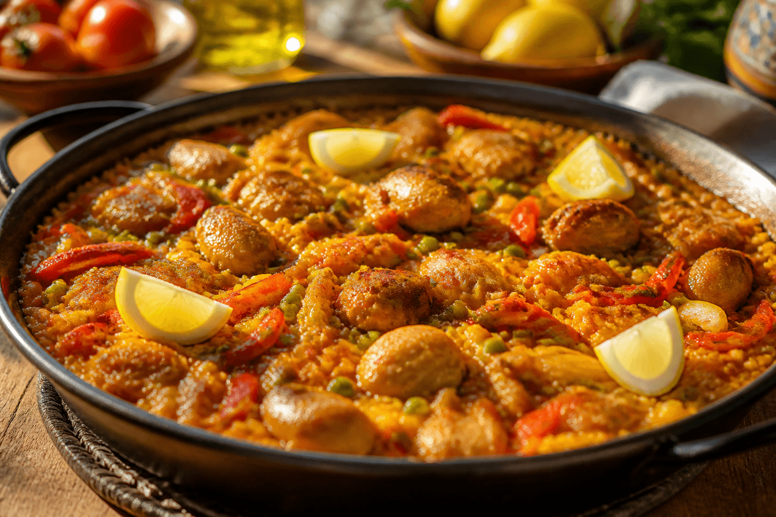 Spansk paella tilberedt i bred pande med kylling og grønt