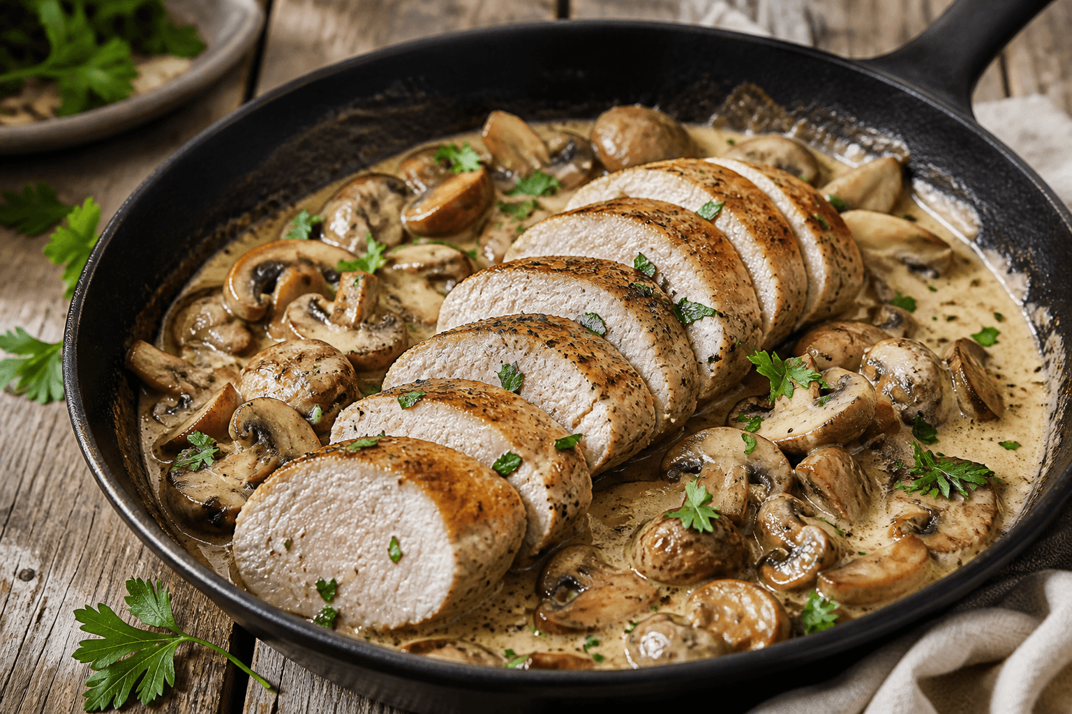Pandeskaft med mørbrad, champignon og cremet sauce