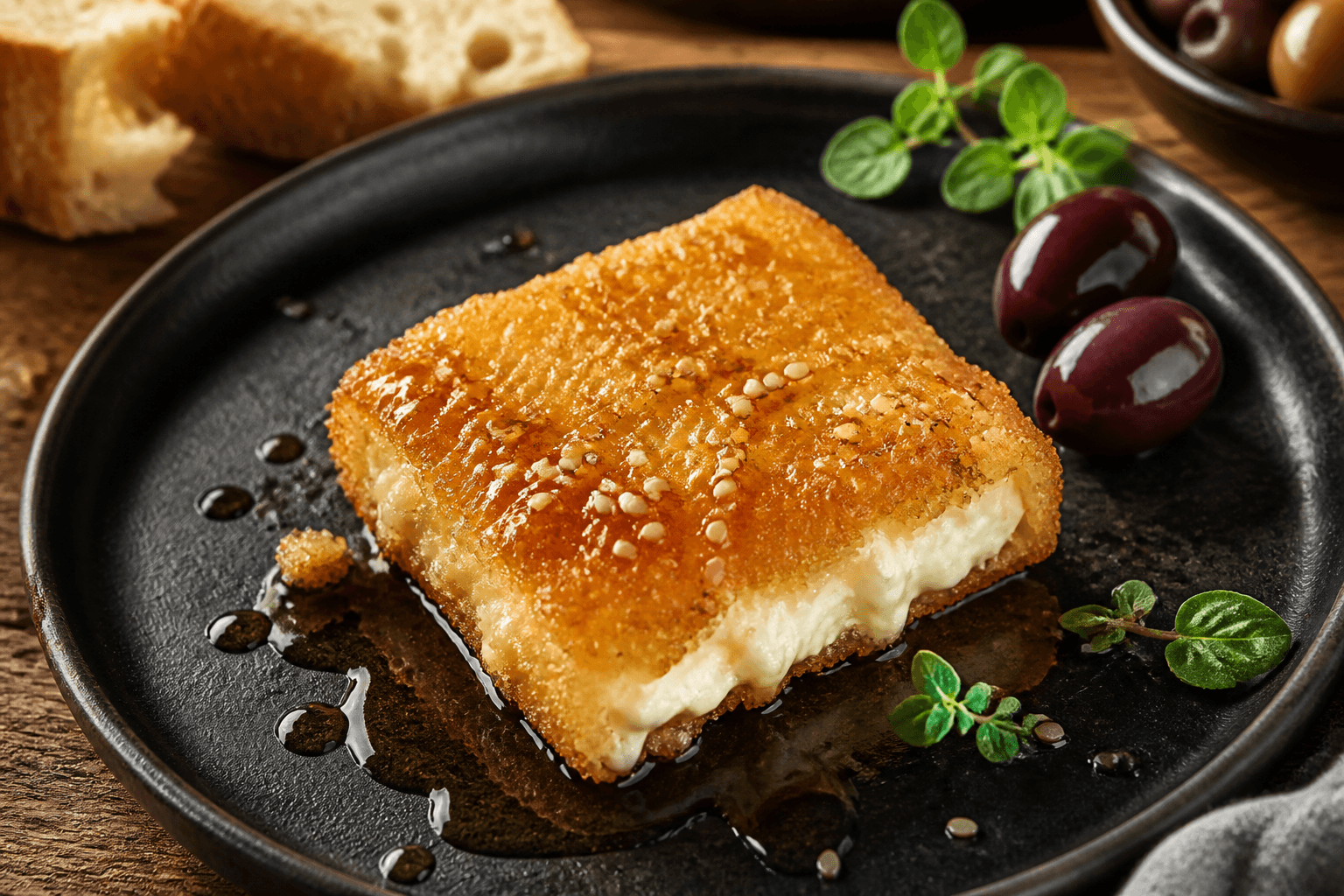 Paneret feta med honning og sesam på pande