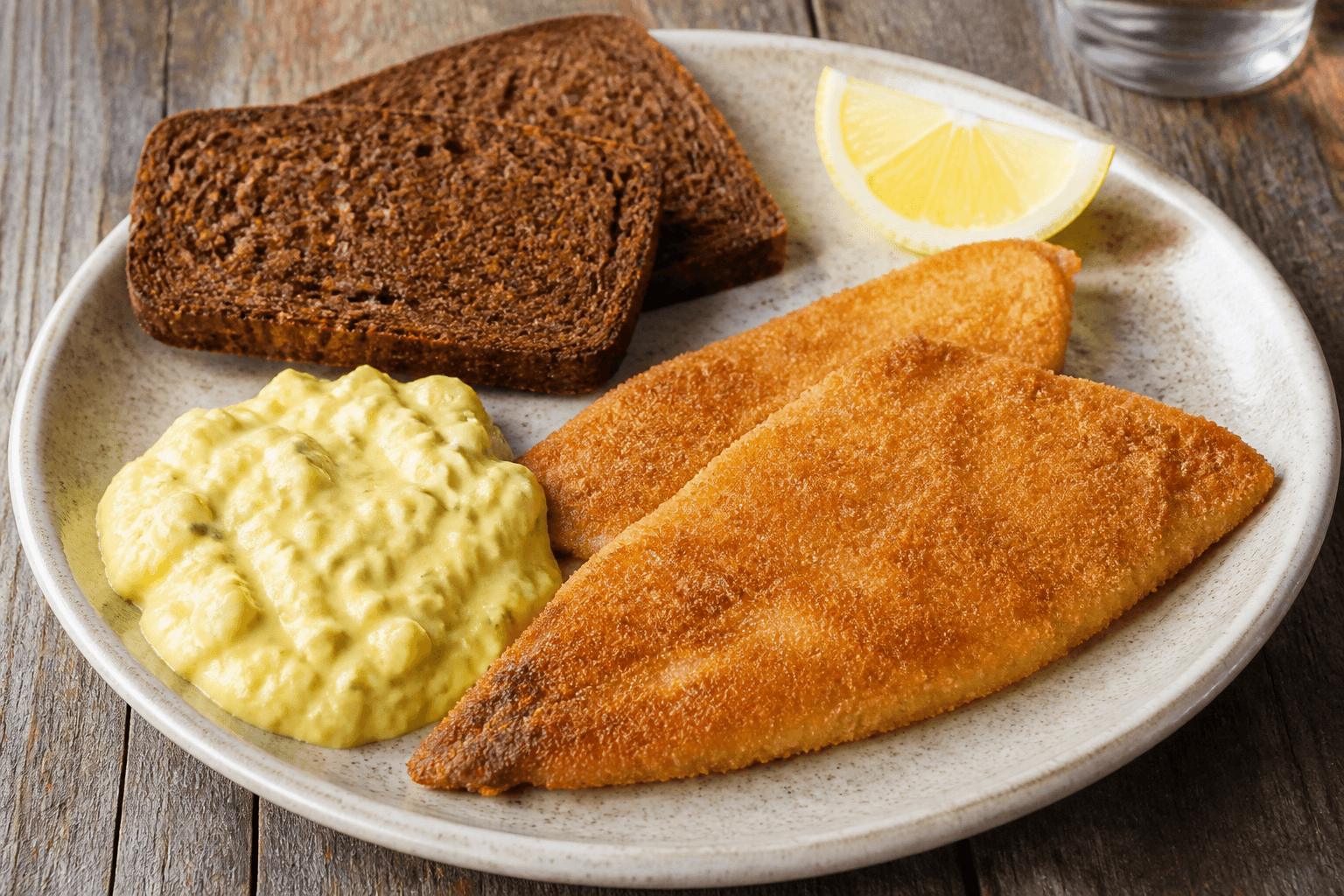 Sprødstegte panerede rødspættefileter med remoulade og citron