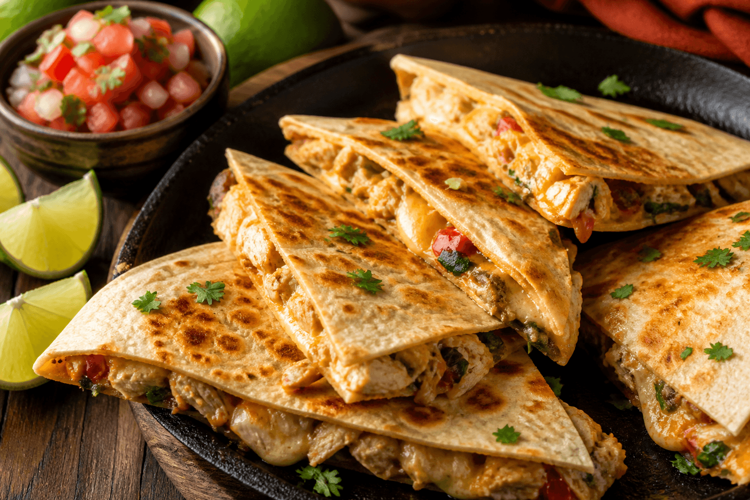 Quesadillas med kylling og ost stegt sprøde på pande