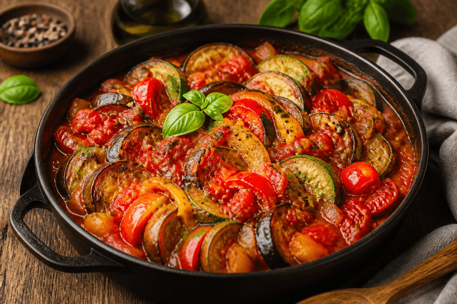 Ratatouille på pande med aubergine, squash, peber og tomat