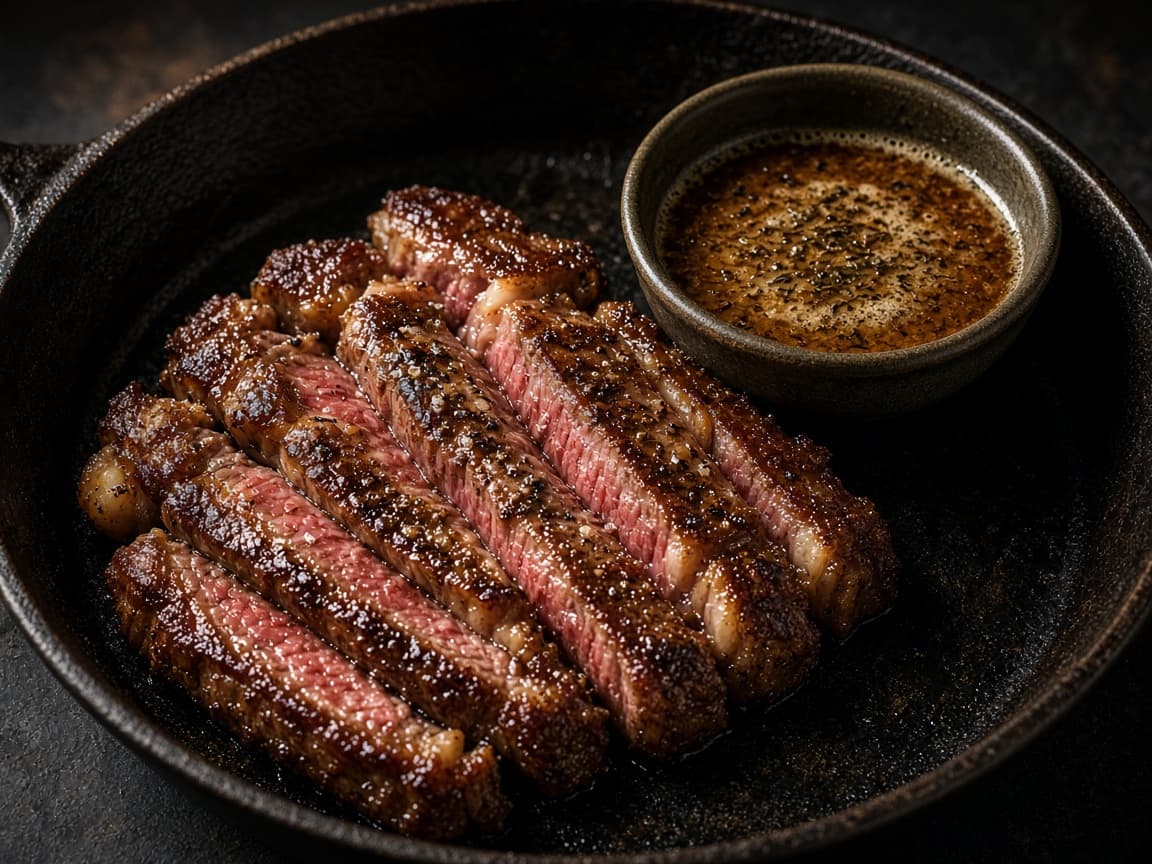 Ribeye-strips ved siden af en skål med brunet smør