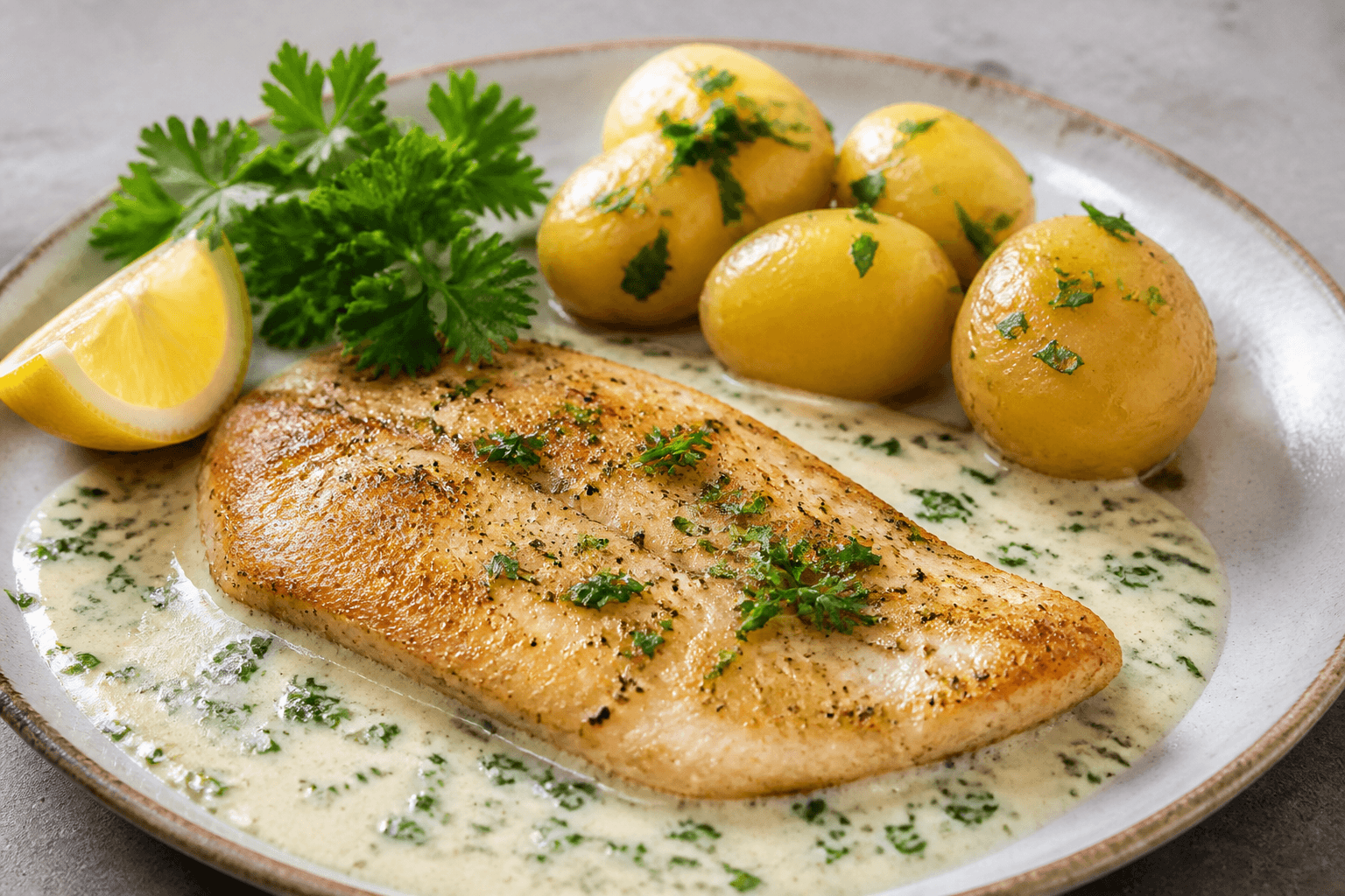 Pandestegt rødspættefilet med persillesovs og kartofler