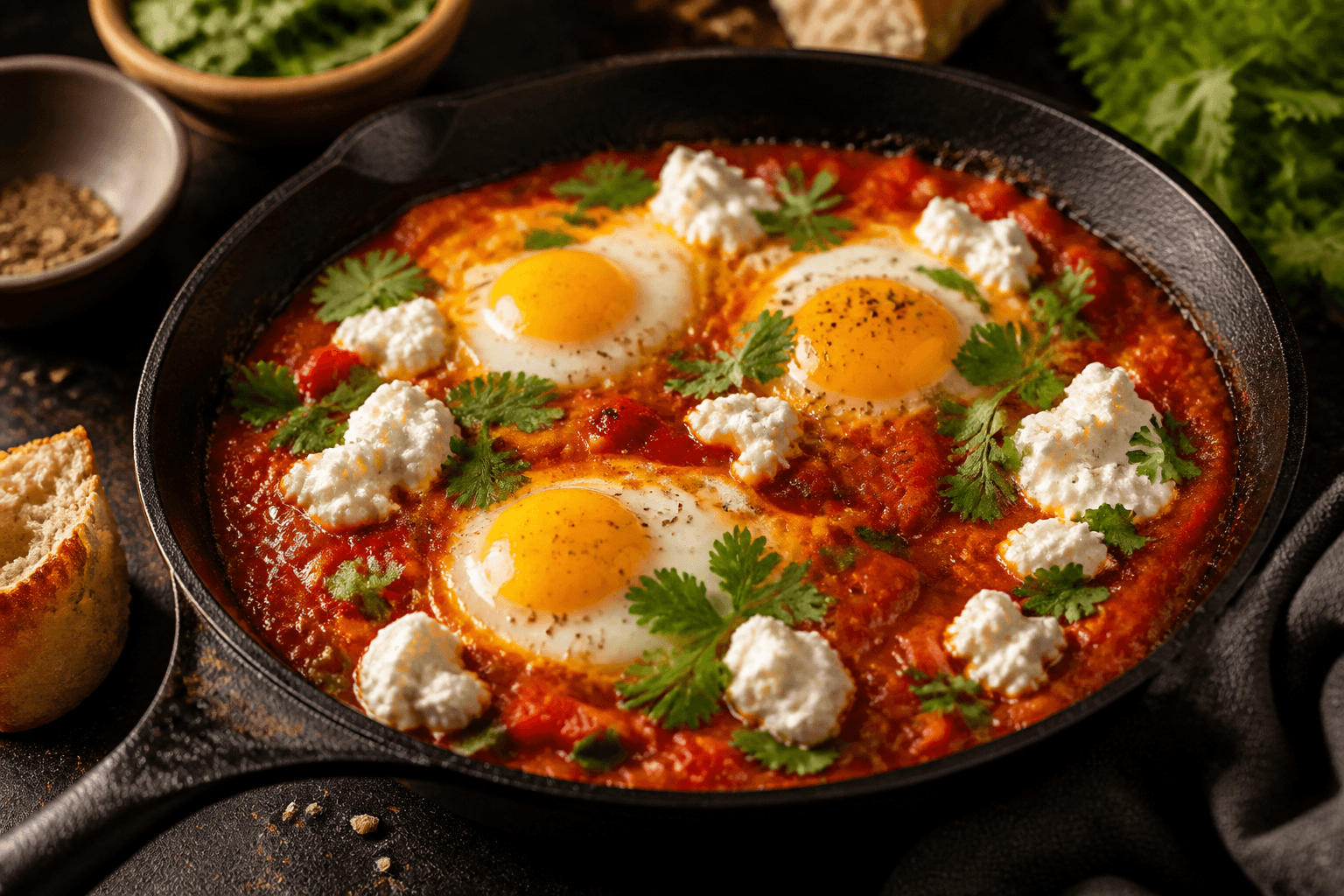 Shakshuka med æg og krydret hytteost-creme på pande