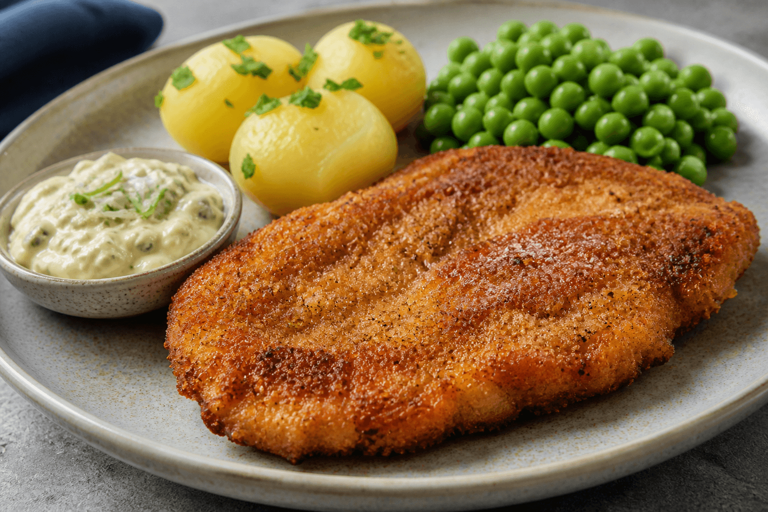 Pandestegt skinkeschnitzel med gylden panering og remoulade