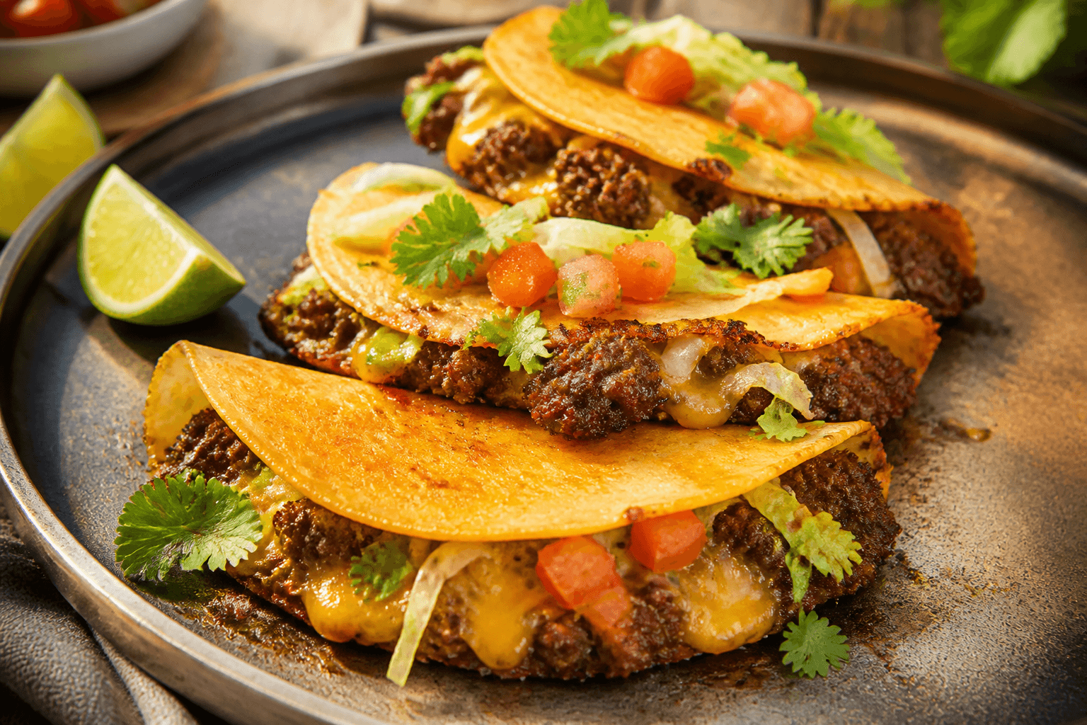 Smash tacos på pande med hakkekød, ost og toppings
