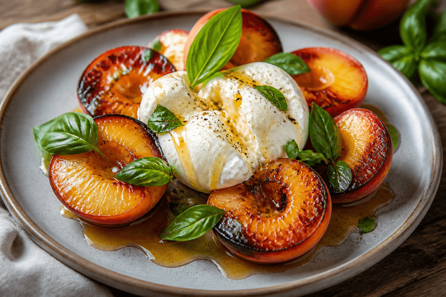 Stegte ferskner med burrata, basilikum og honning