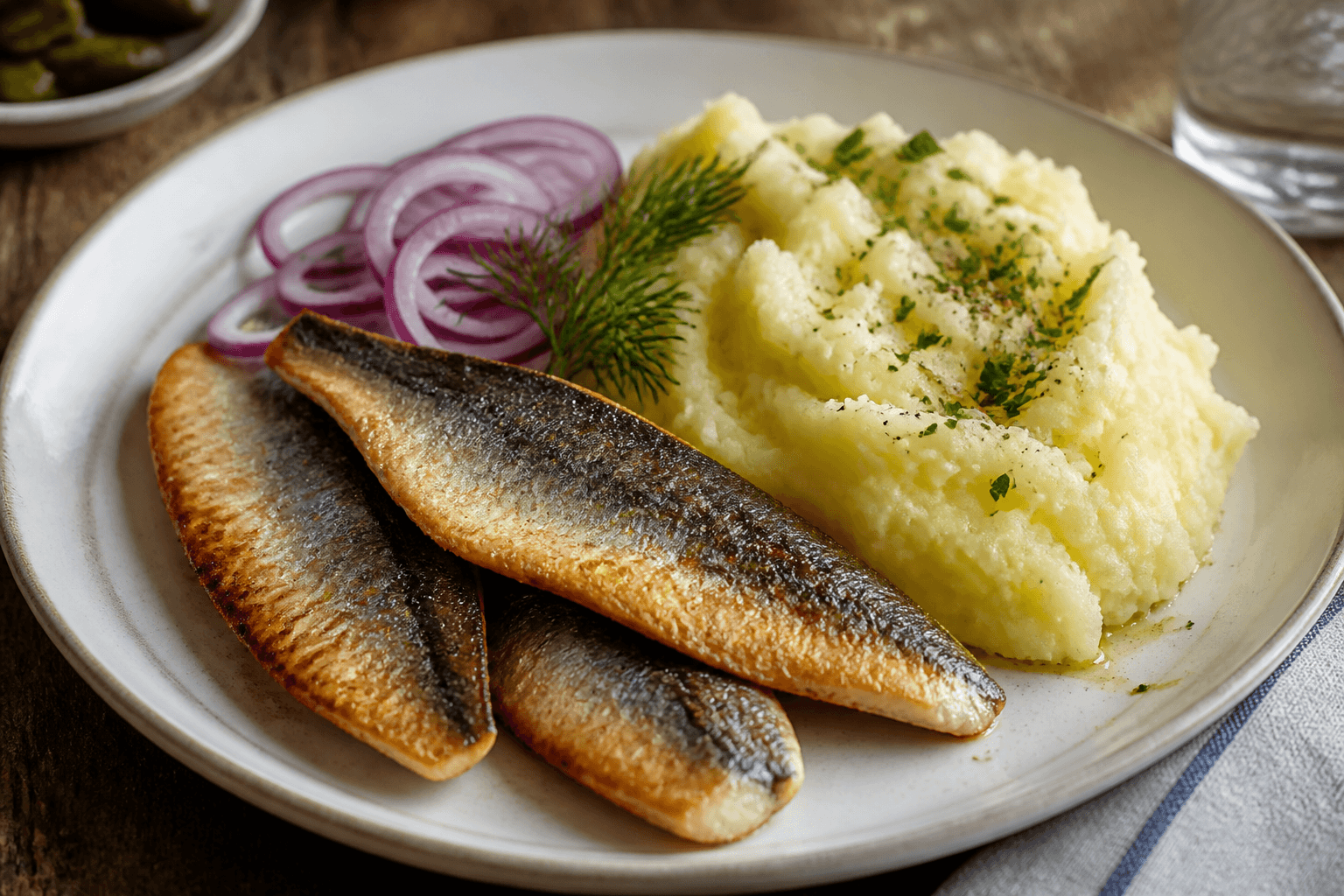Stegte sild i sursød eddikelage med løgringe