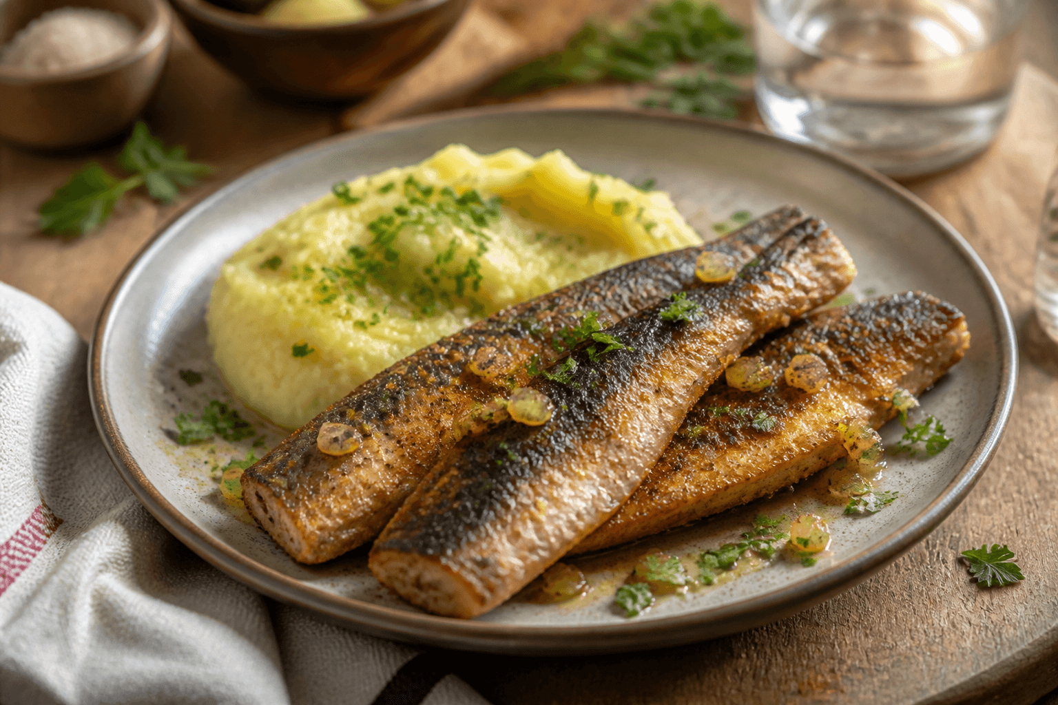 Stegte sild på pande serveret med kartoffelmos