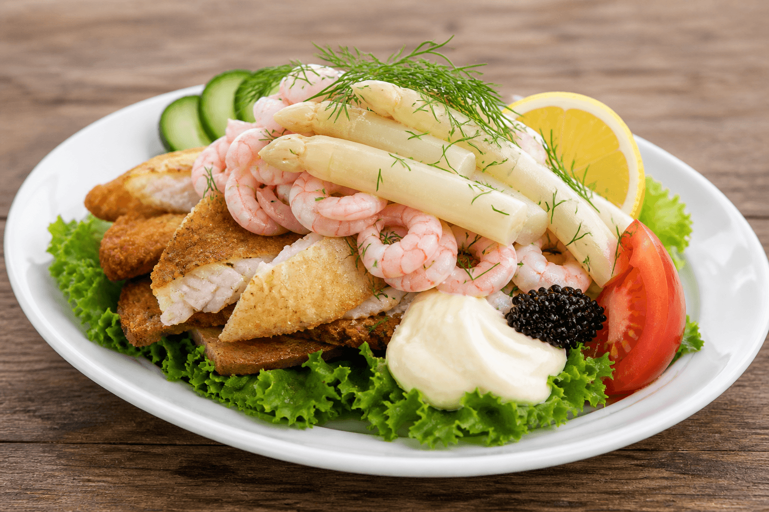 Stjerneskud med stegt og dampet fiskefilet, rejer og asparges
