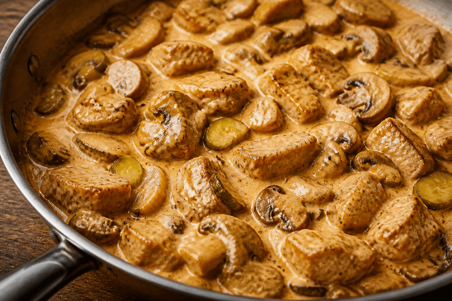 Cremét stroganoff med svinemørbrad, paprika og cornichoner