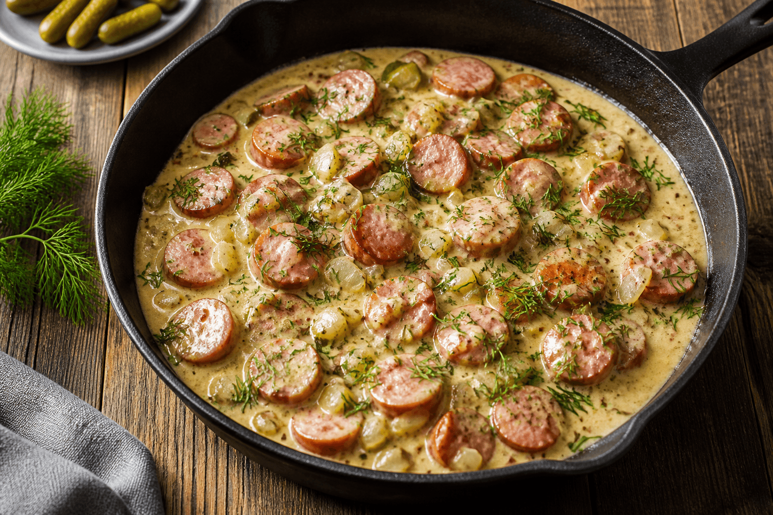 Svensk pølseret på pande med cremet sauce og dild