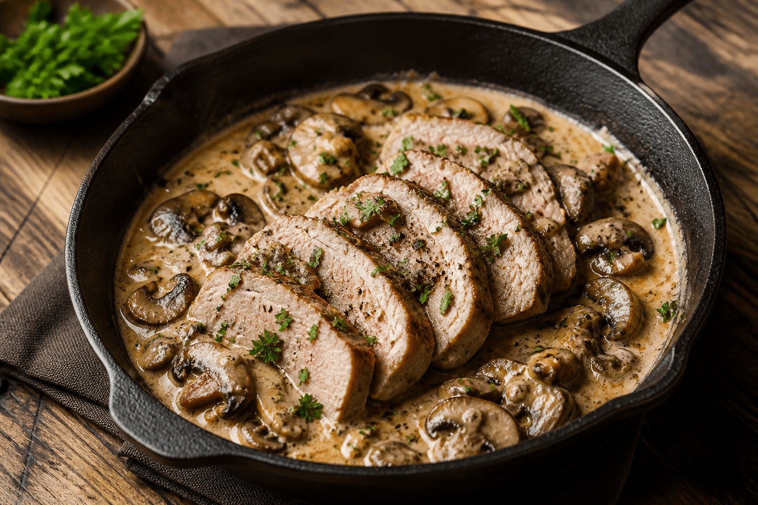 Svinemørbrad med champignon og flødesovs på pande