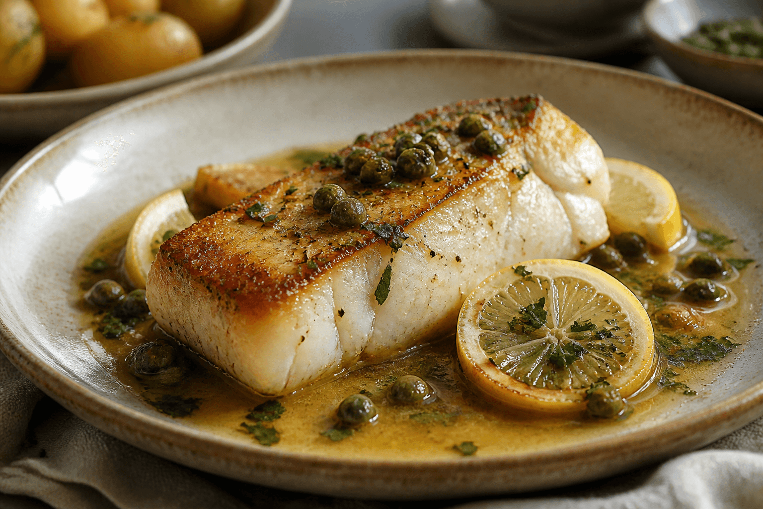 Pandestegt torskefilet med smørsauce, citron og kapers