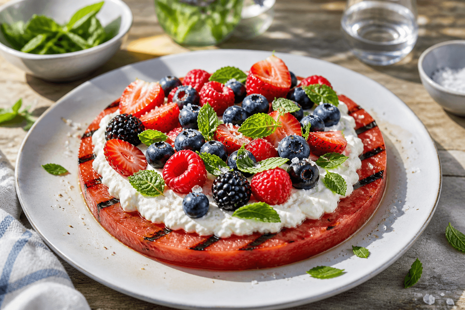 Vandmelon-pizza med hytteostcreme og bær