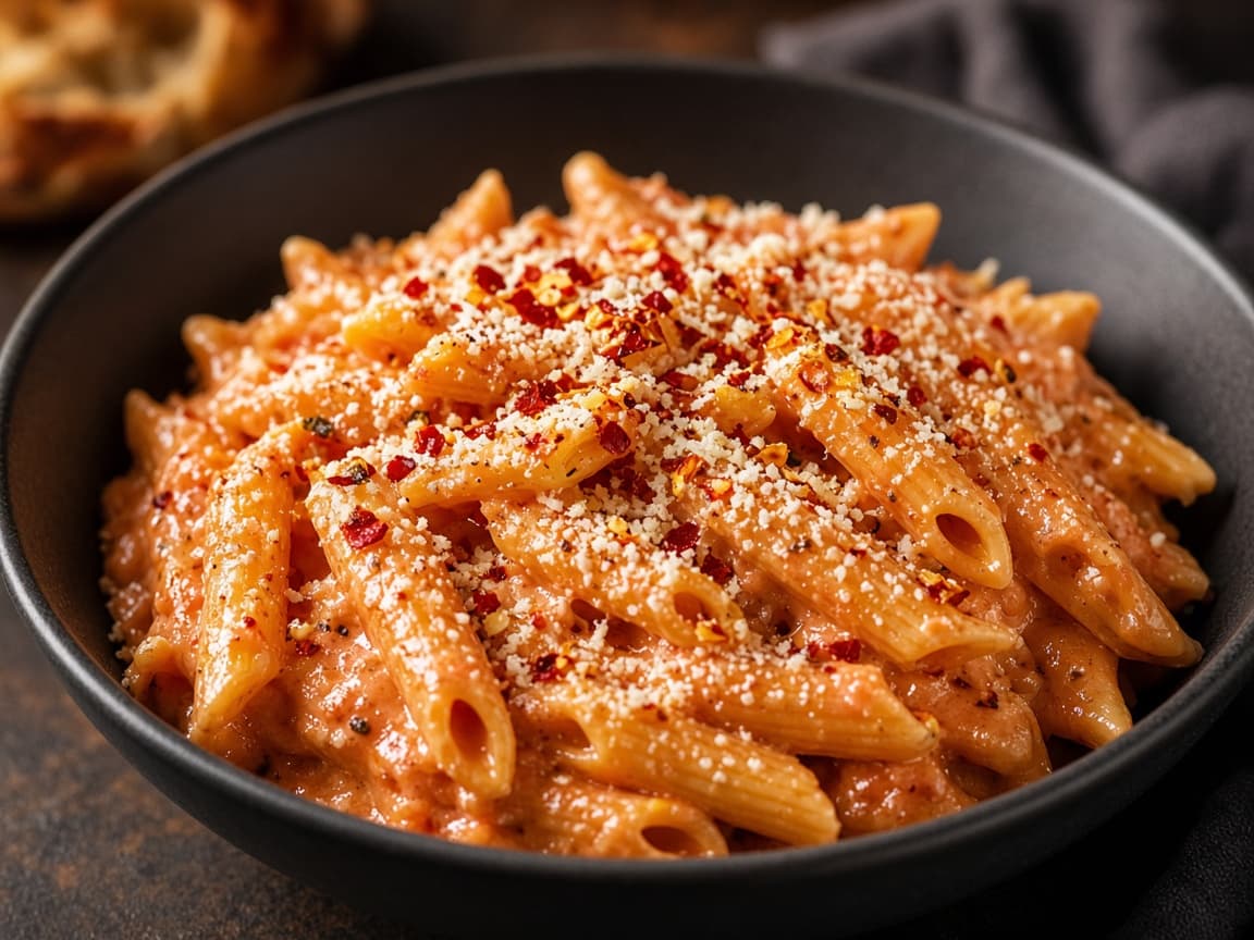 Cremet vodka-penne med chili og parmesan