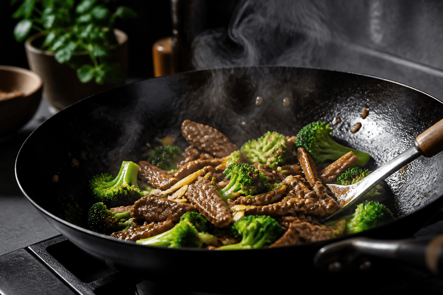 Wokket oksekød med broccoli og ingefær
