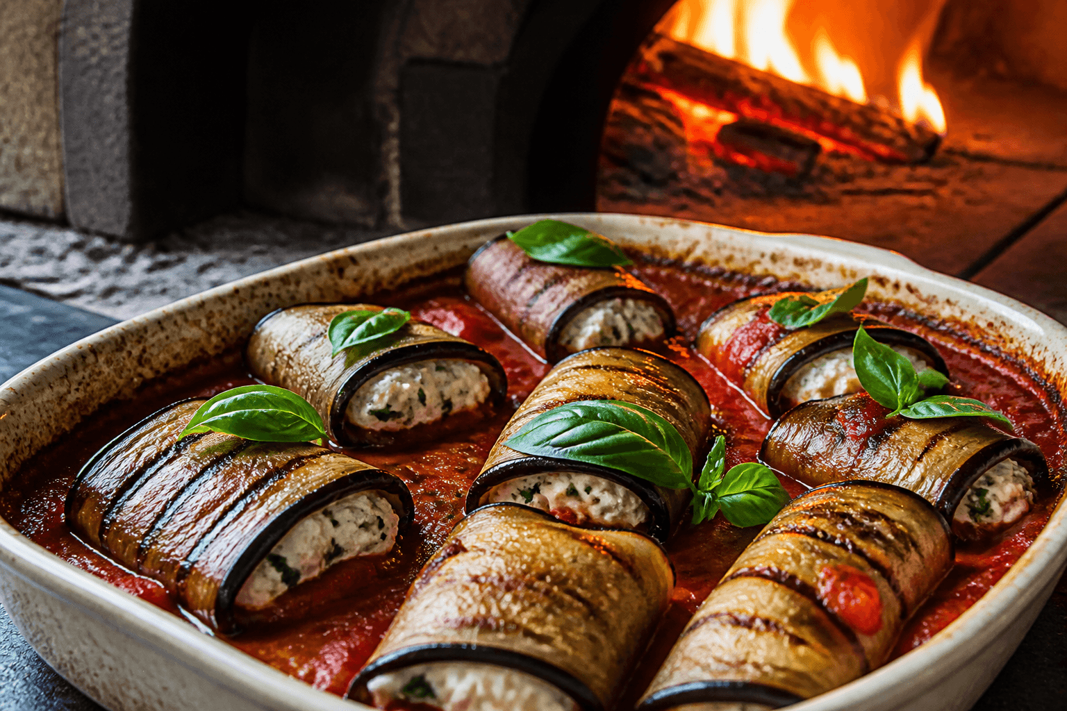 Aubergine-ruller med hytteost i tomatsauce