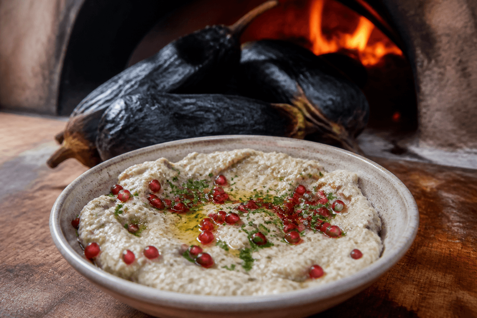 Baba ganoush af flammebrændte auberginer fra pizzaovnen