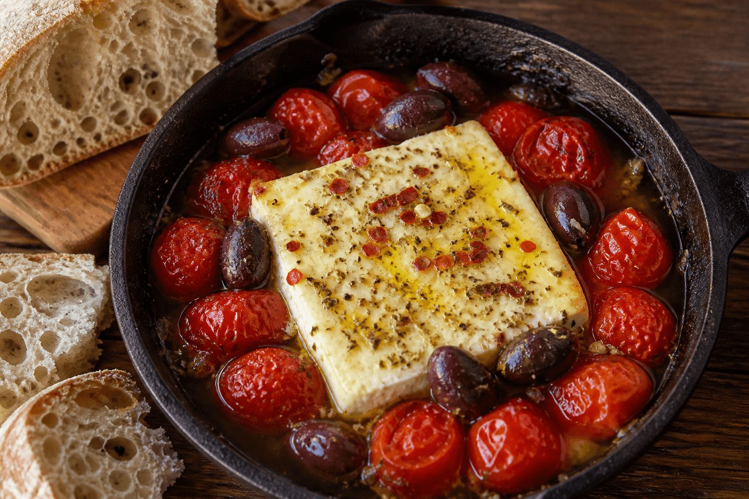 Bouyourdi med bagt feta, tomater og oliven