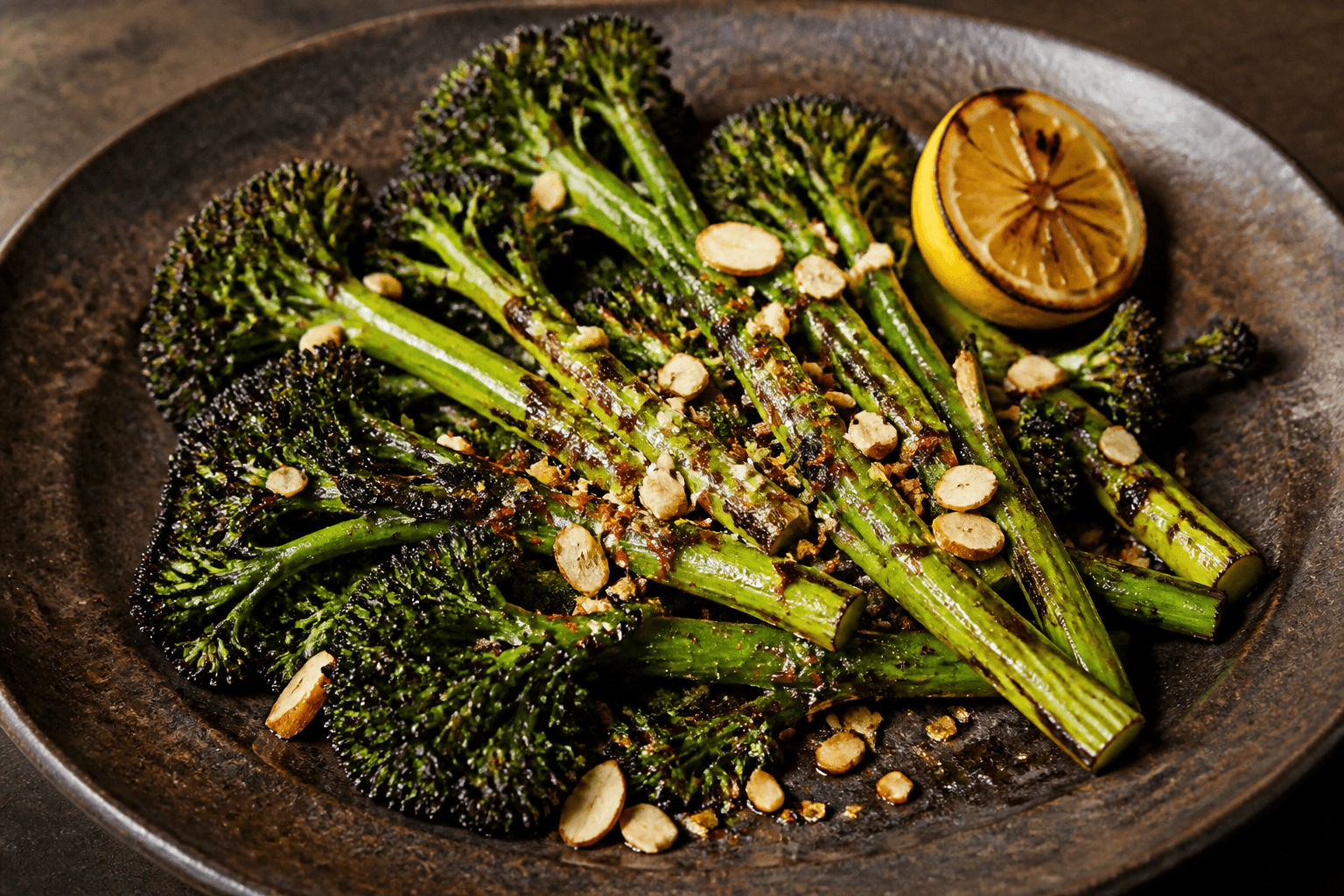 Brændt broccolini med chili og mandler