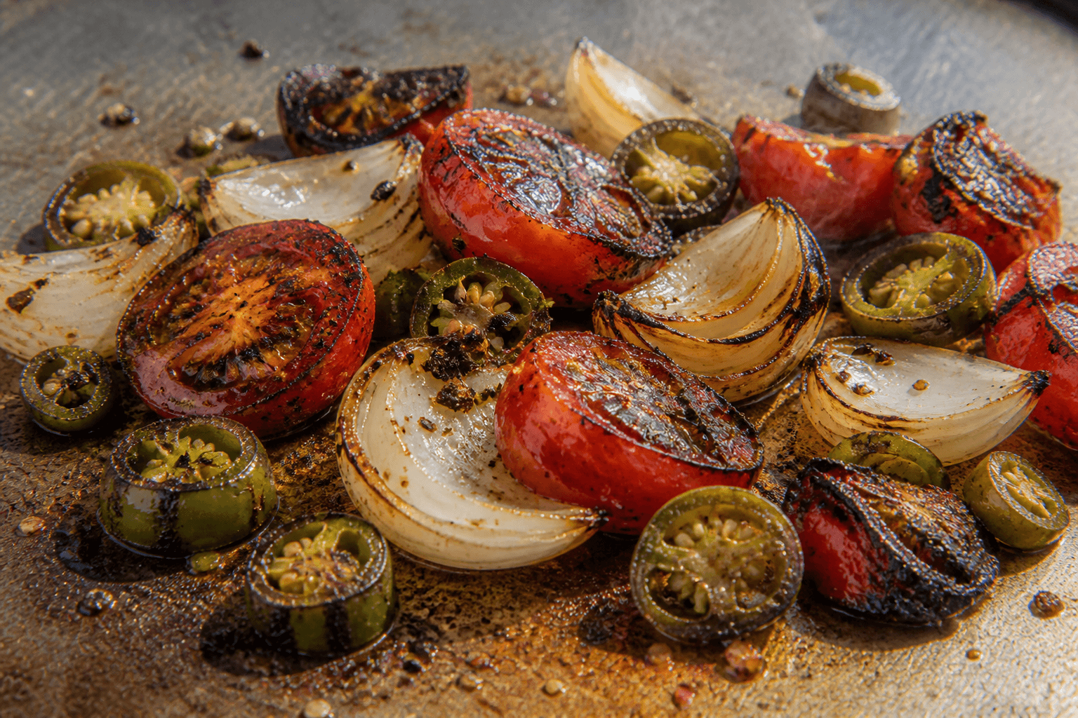 Sortebrændte tomater, løg og jalapeños til salsa