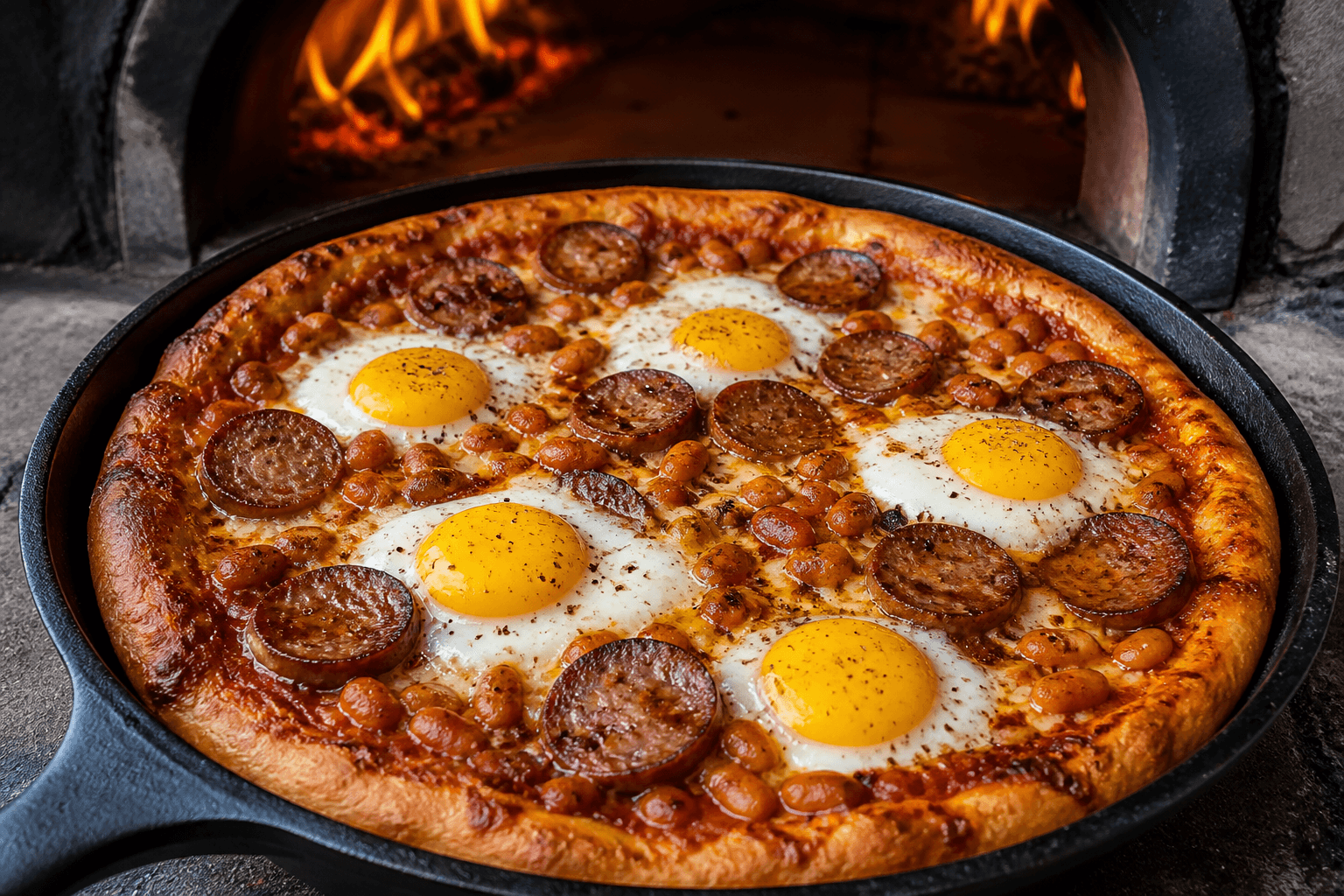 Breakfast skillet pizza med spejlæg, pølser og bønner