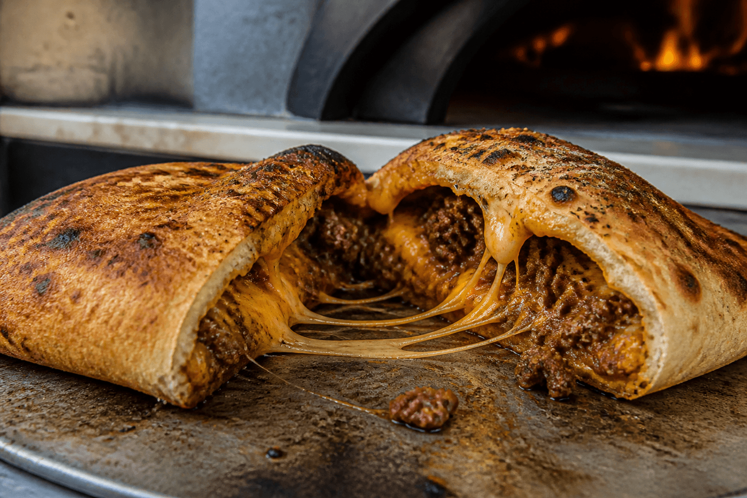 Calzone med krydret oksekød og smeltet cheddar