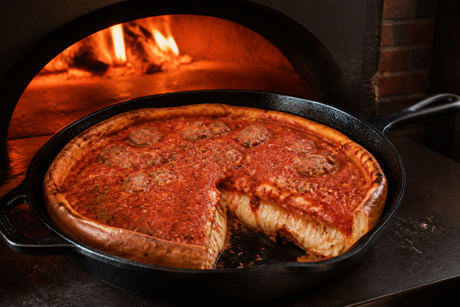 Chicago deep dish pizza med sauce øverst i støbejern