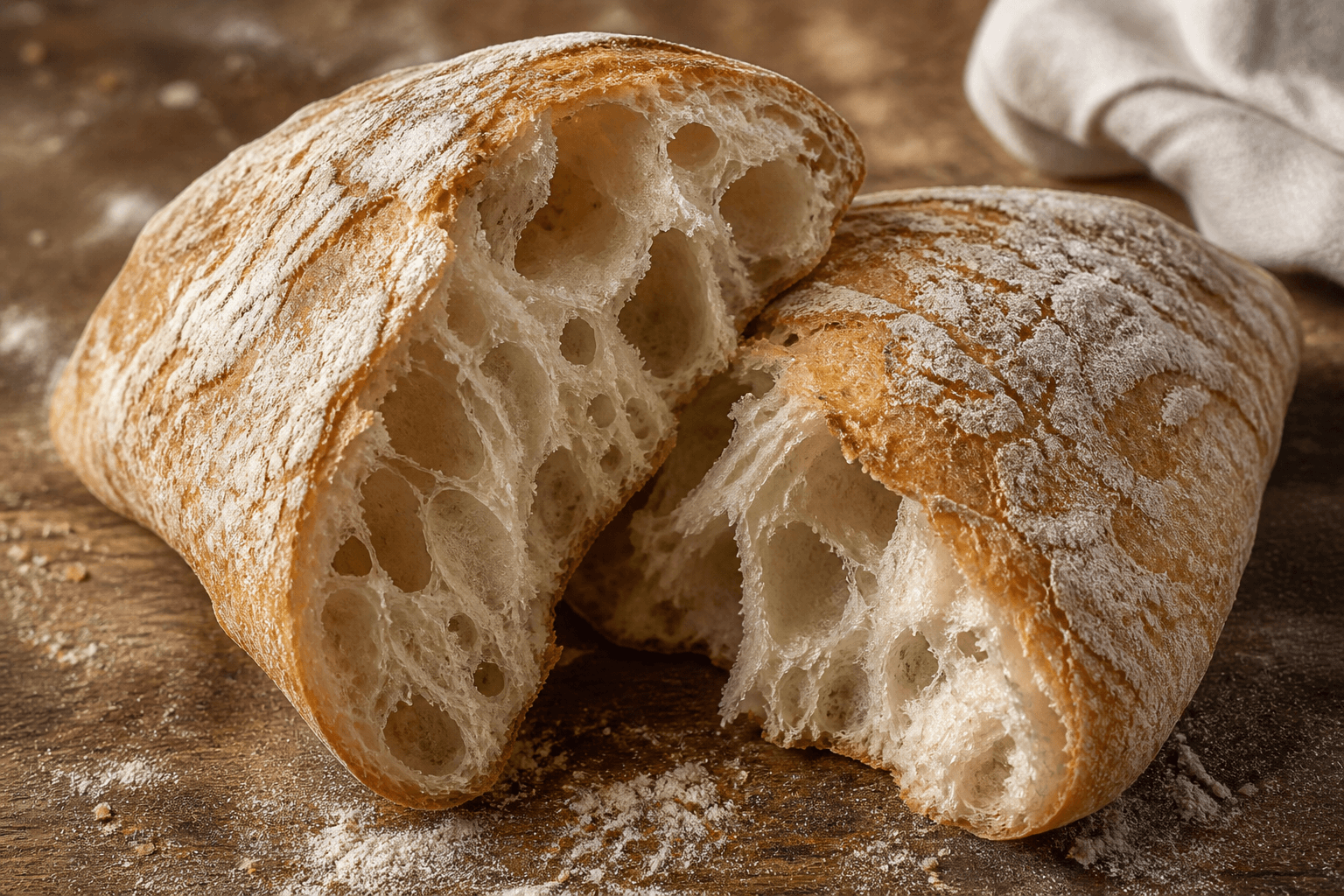 Ciabatta med store lufthuller og melet skorpe