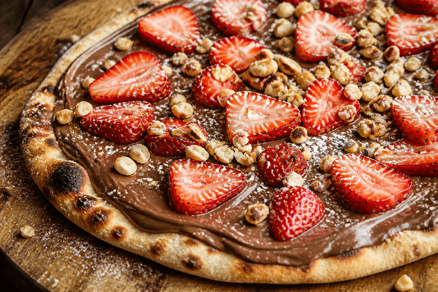 Dessertpizza med Nutella, jordbær og ristede hasselnødder