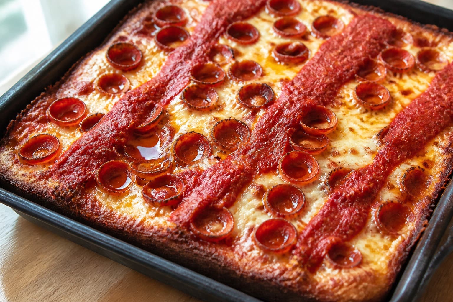 Firkantet Detroit-style pizza med sprød ostekant fra pizzaovnen