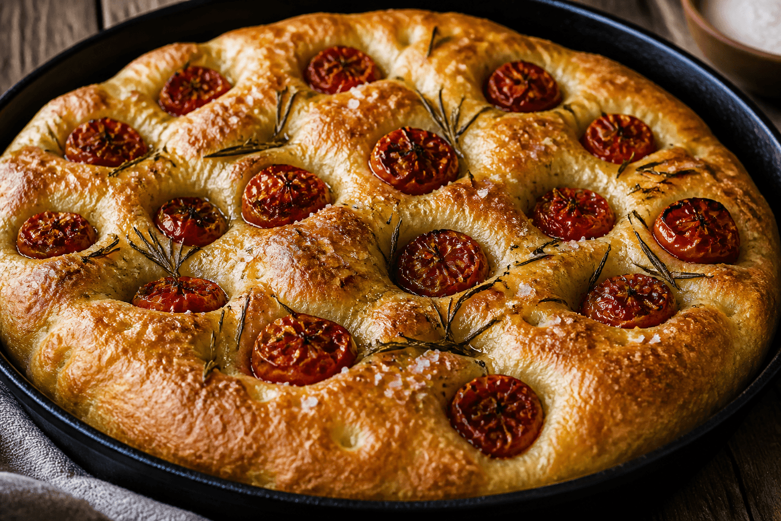 Focaccia med rosmarin, havsalt og cherrytomater