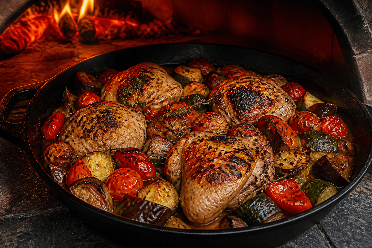 Grydestegt kylling med ratatouille i støbejern fra pizzaovnen