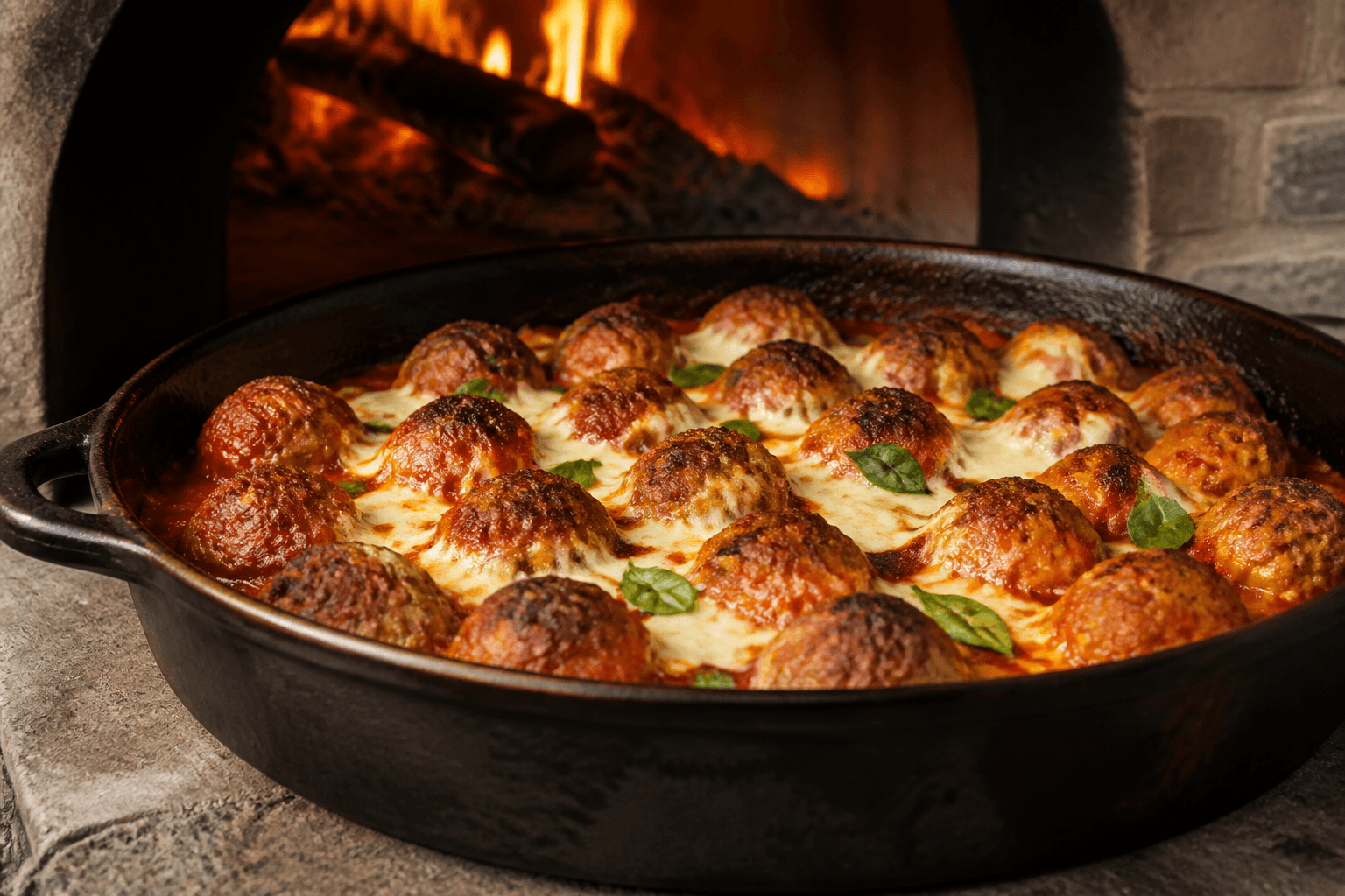 Kyllingefrikadeller med hytteost i tomatsauce bagt i pizzaovn