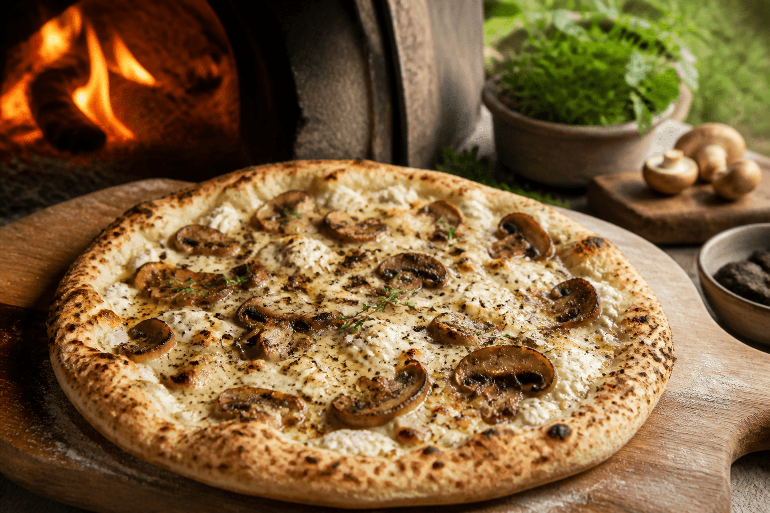 Hvid pizza med svampe og trøffel fra pizzaovnen