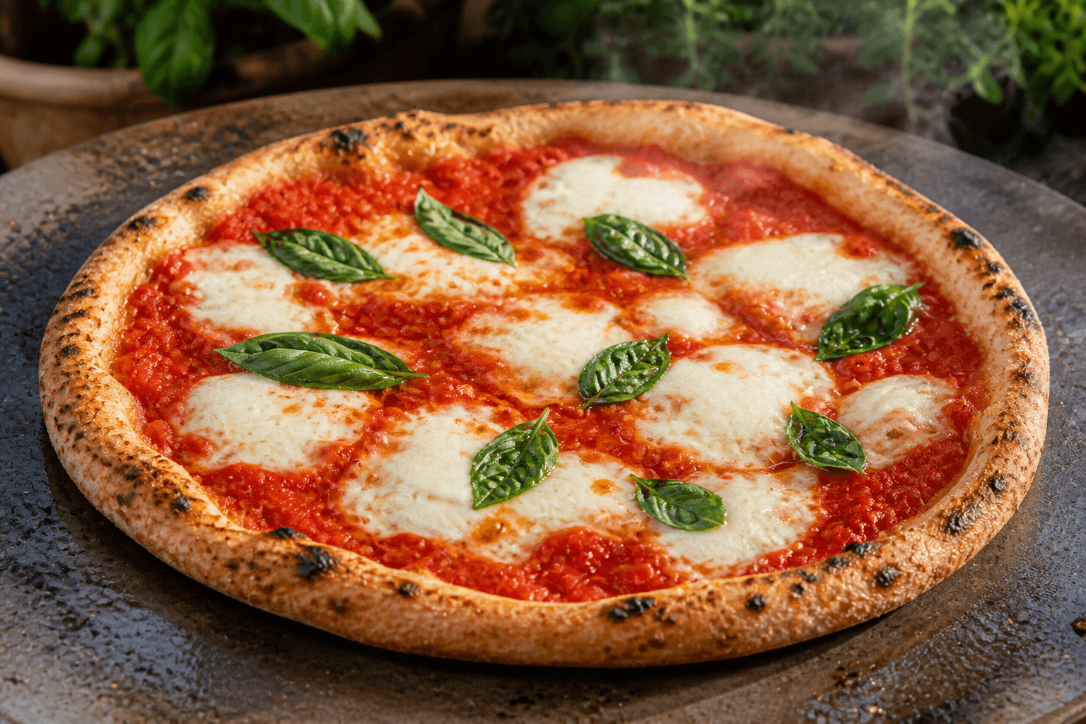 Pizza Margherita med tomat, mozzarella og basilikum