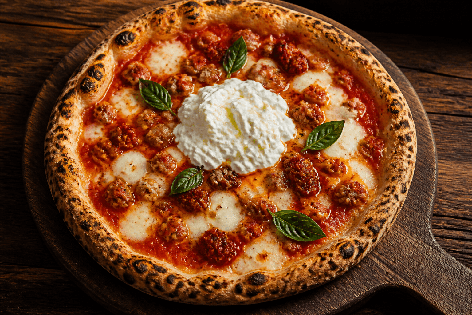 Pizza med salsiccia, nduja og stracciatella fra pizzaovnen