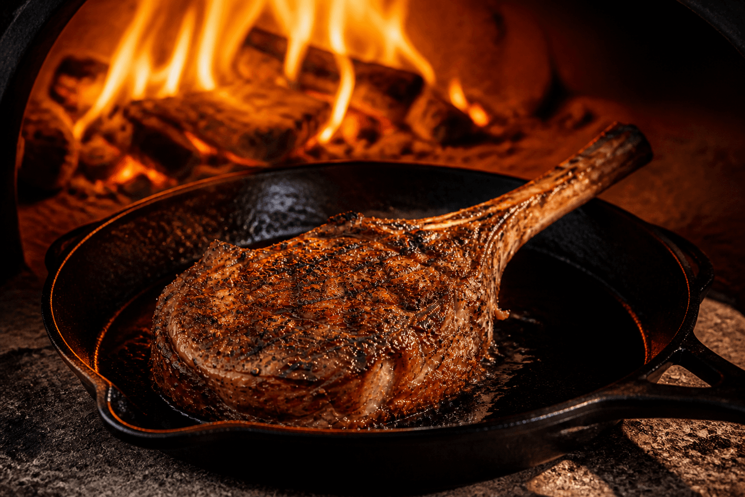 Ribeye stegt i støbejern i pizzaovnen