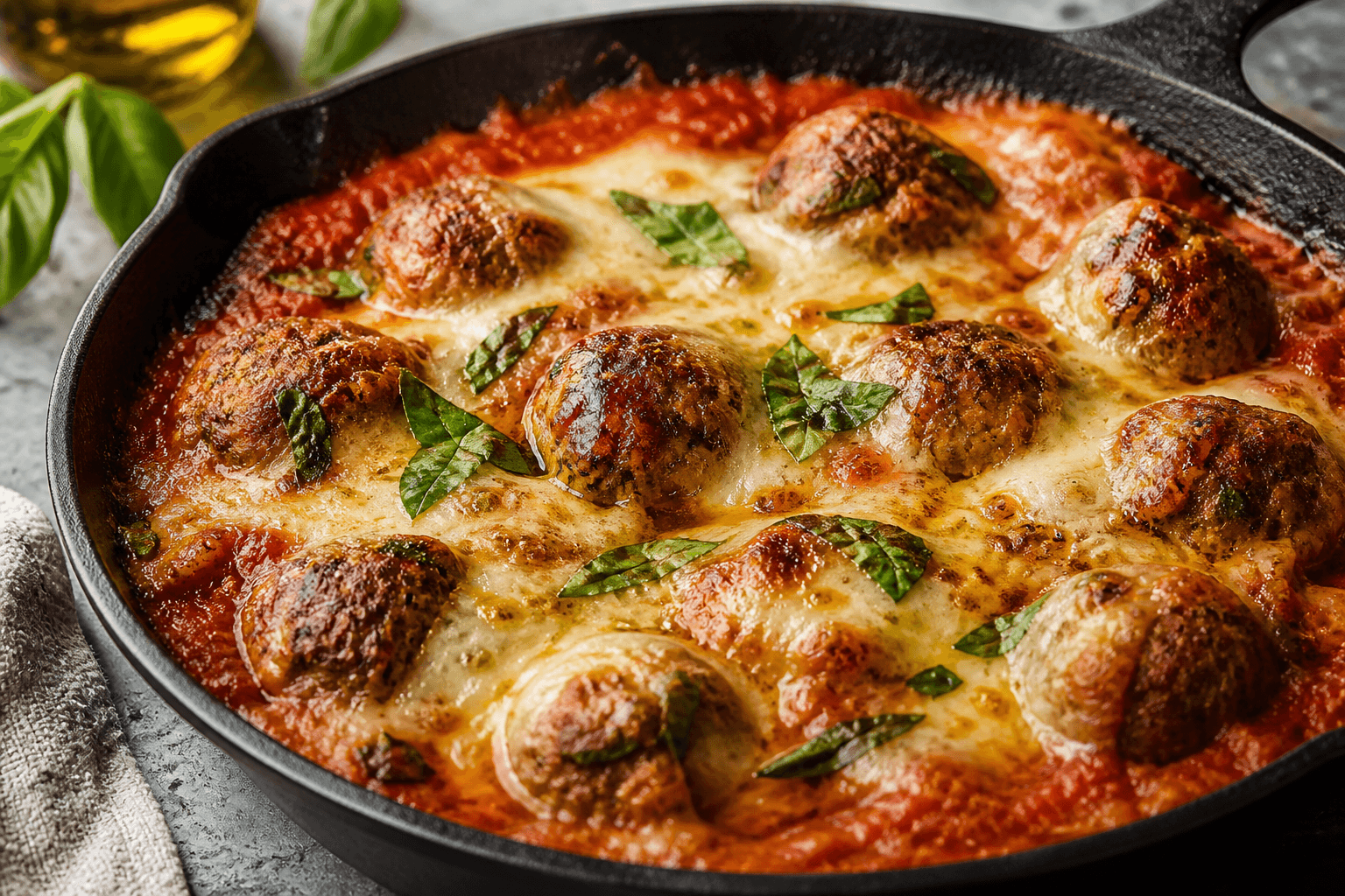 Polpette i boblende tomatsauce med ost i støbejern