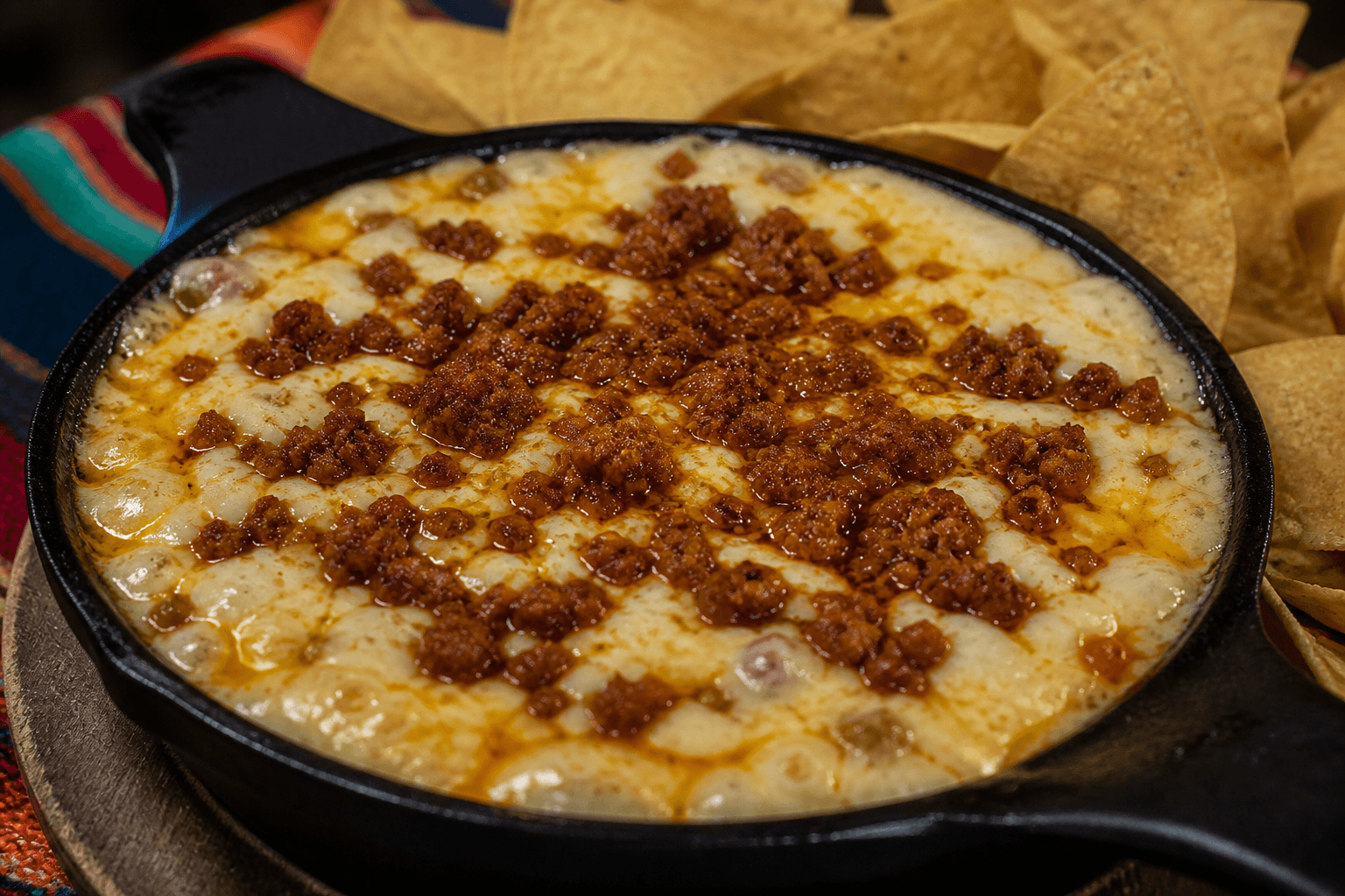 Boblende queso fundido med chorizo